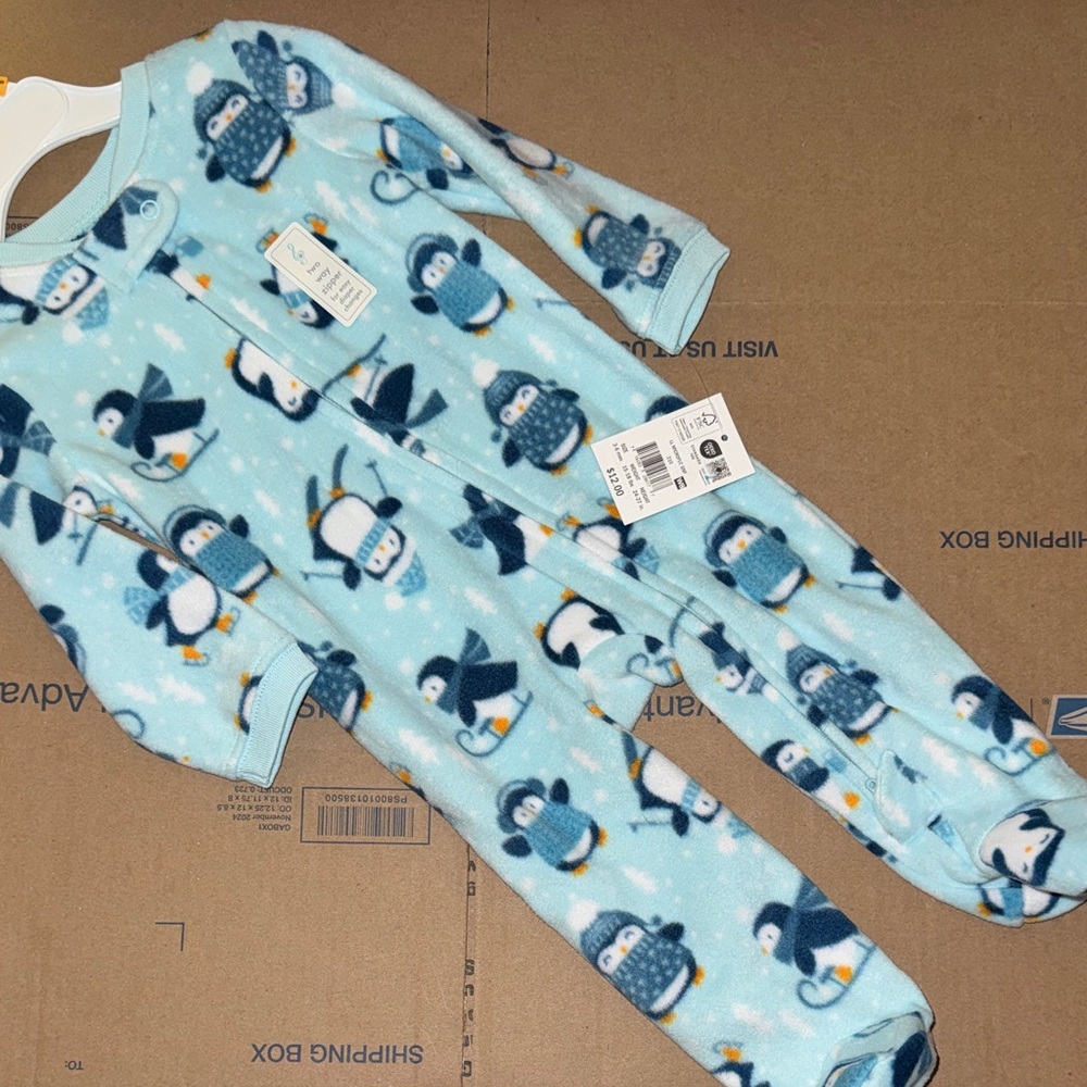 Penguin-Print Light Blue Fleece Footed One-Piece for Kids